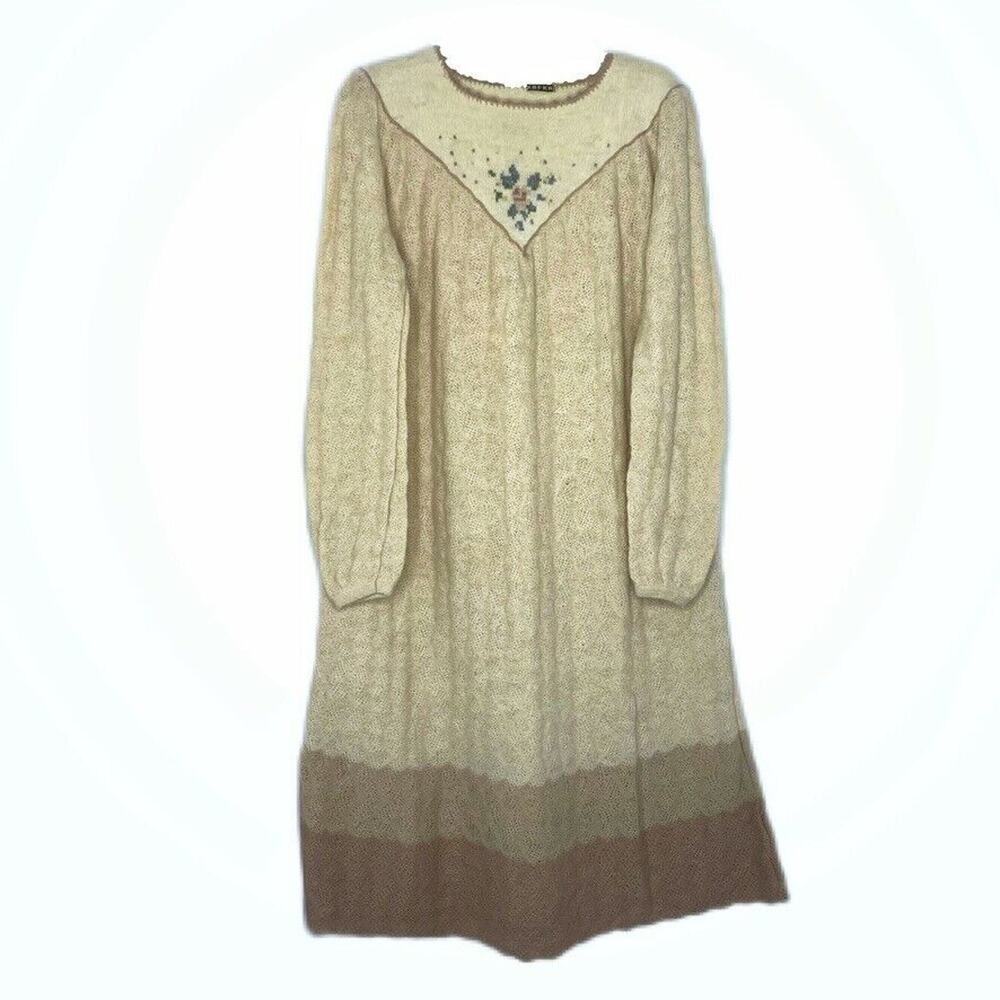 Vintage 1970s cottage core alpaca sweater dress floral embroidery